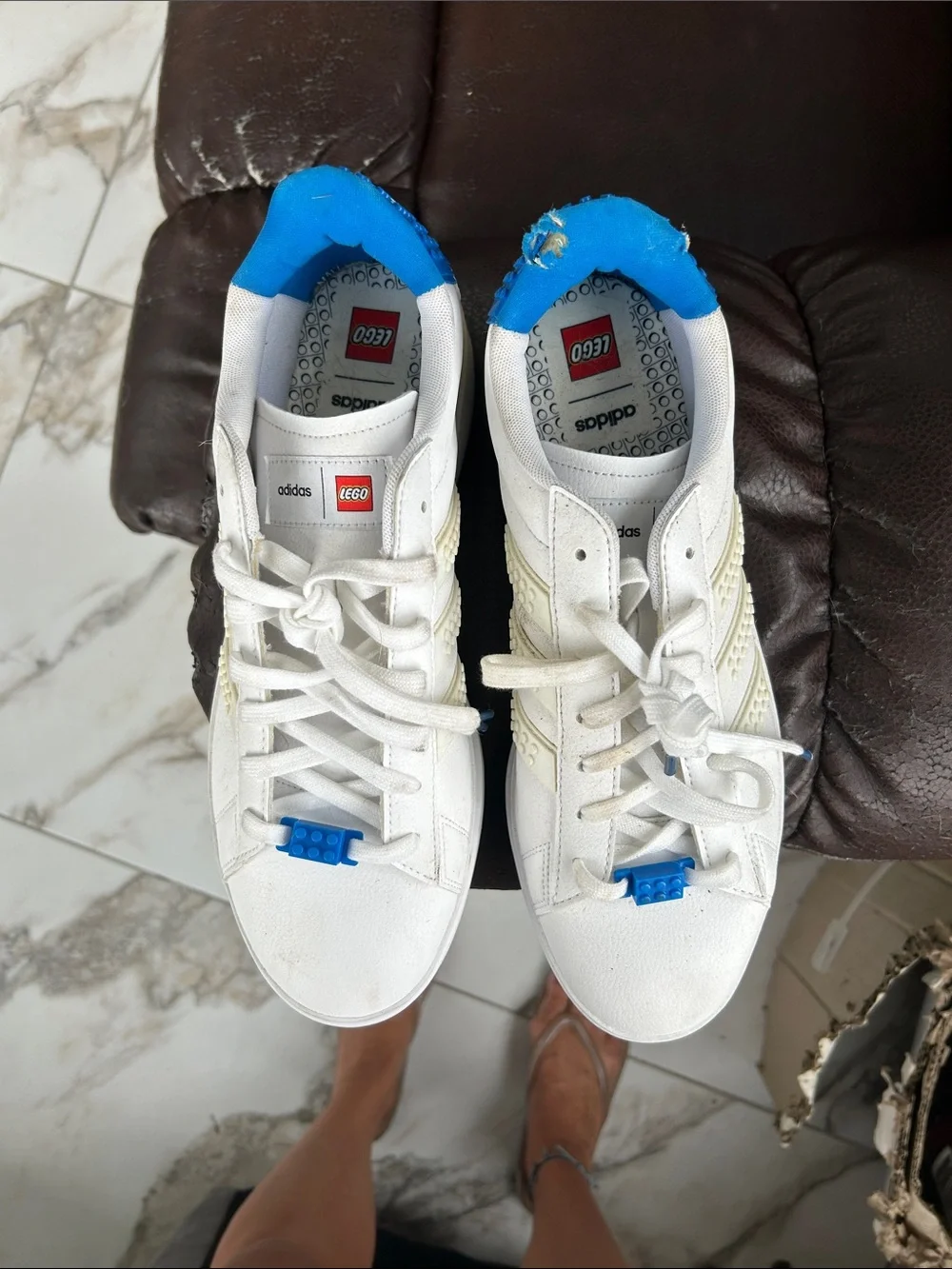 ADIDAS Men’s White Sneakers with Bright Blue LEGOS….. LEGO WORLD!!!!